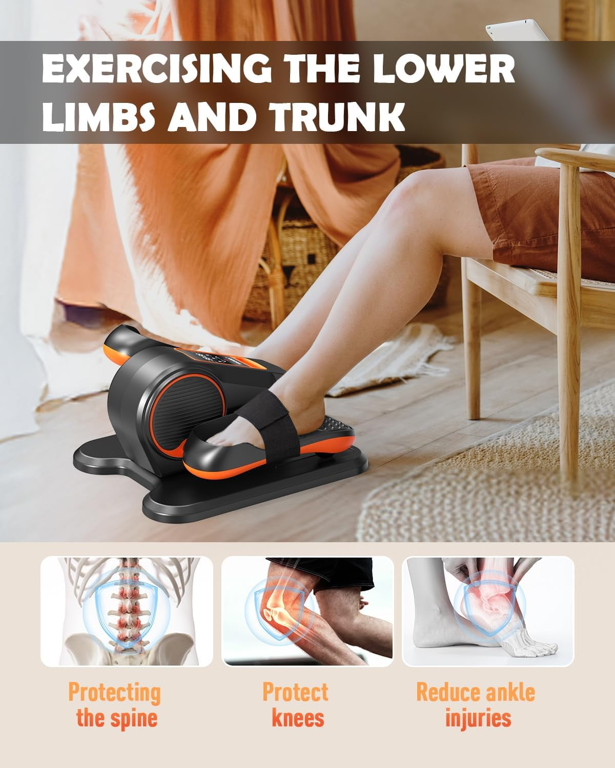 Yagud Under Desk Elliptical Machine, Electric Ellipse Leg Exerciser for Senior, 12 Adjustable Speeds Quiet and Portable Seated Pedal Exerciser for Training with Remote Control, Orange