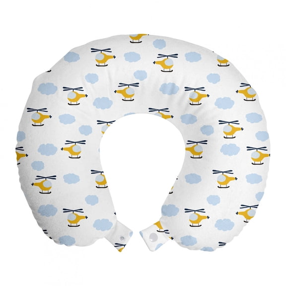 Nursery Travel Pillow Neck Rest, Aircraft in Clouds Children Boys Girls Babyshower Playroom Cartoon Design, Memory Foam Traveling Accessory Airplane and Car, 12", Yellow and Blue, by Ambesonne