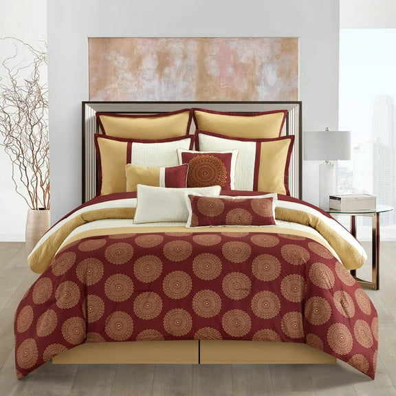 Nanshing Dante Circle Medallion 10-Piece Comforter Set, California King, Burgundy