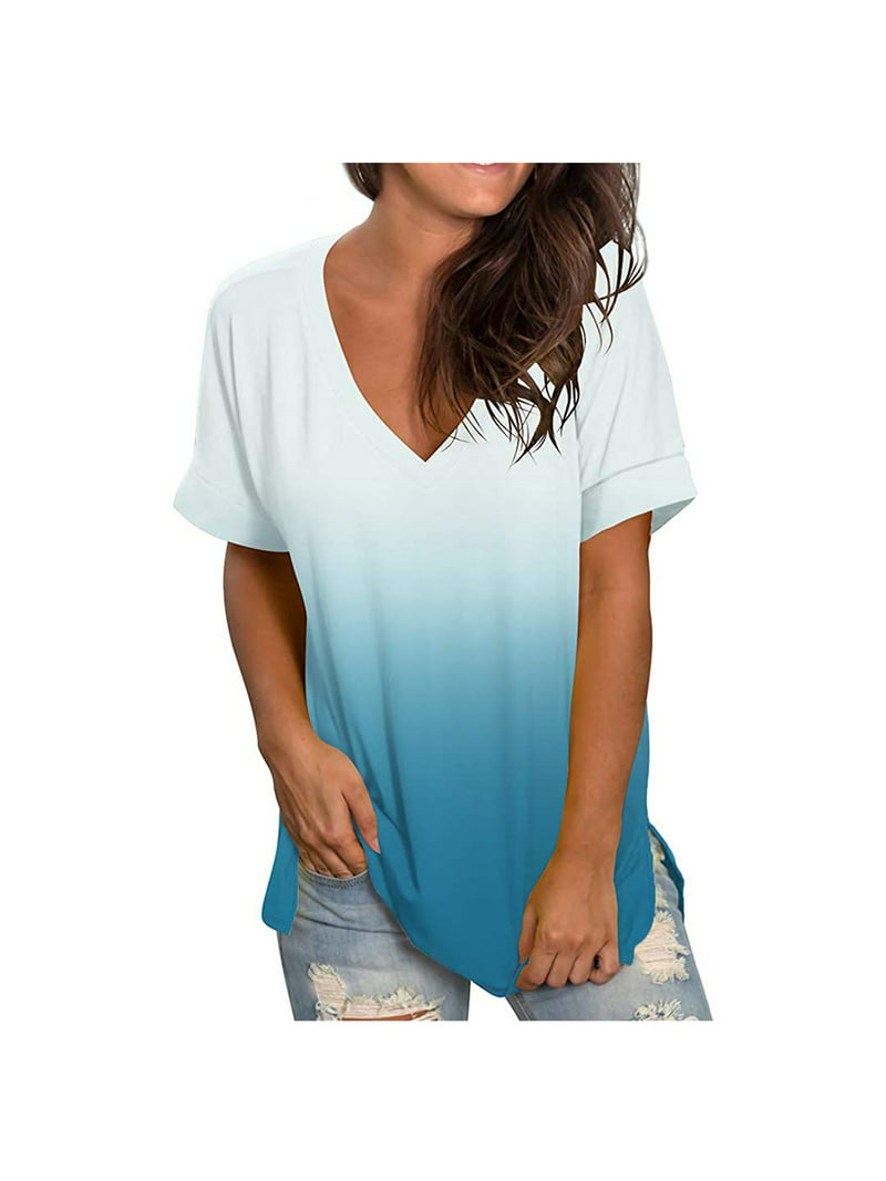 Button Shirt, Vintage T Shirts For Women Oversized T Shirts For Women Graphic Fashion Casual Gradient V-Neck Short Sleeve Loose T- Shirt Tops Womens Loose Fit (Light blue,Large) - Walmart.com