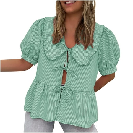 ZyeKqe Womens Striped Shirt Lace up Cute Babydoll Tops Puff Sleeve Blouse 2025 Summer Clothes