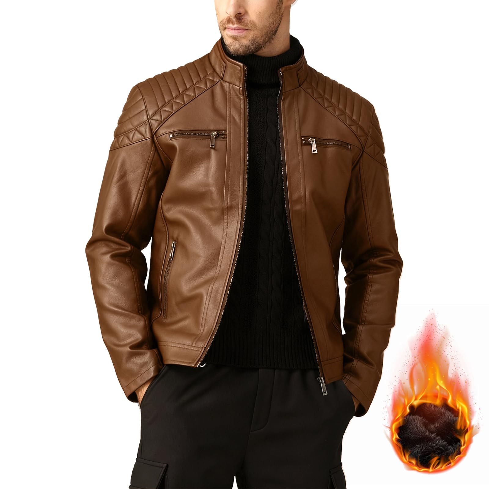 LEDUNTINO Men's Stand Collar Winter PU Faux Leather Fleece Lined Zip-Up Motorcycle Bomber Jacket Slim Fit Biker Coat