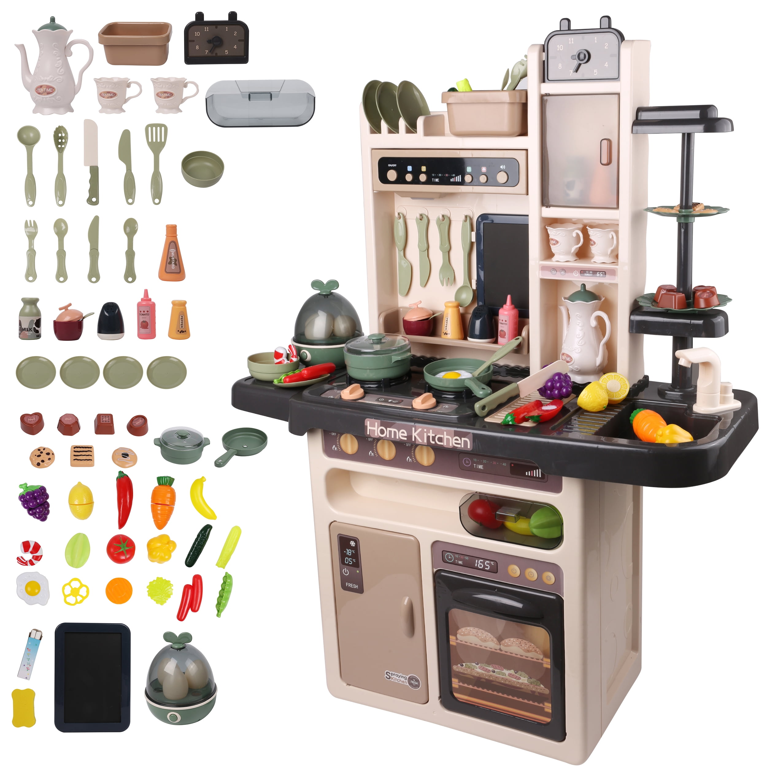 65-Piece Kids Pretend Play Kitchen Set with Play Food, Pots, Pans, Utensils, Plates and Menu Board
