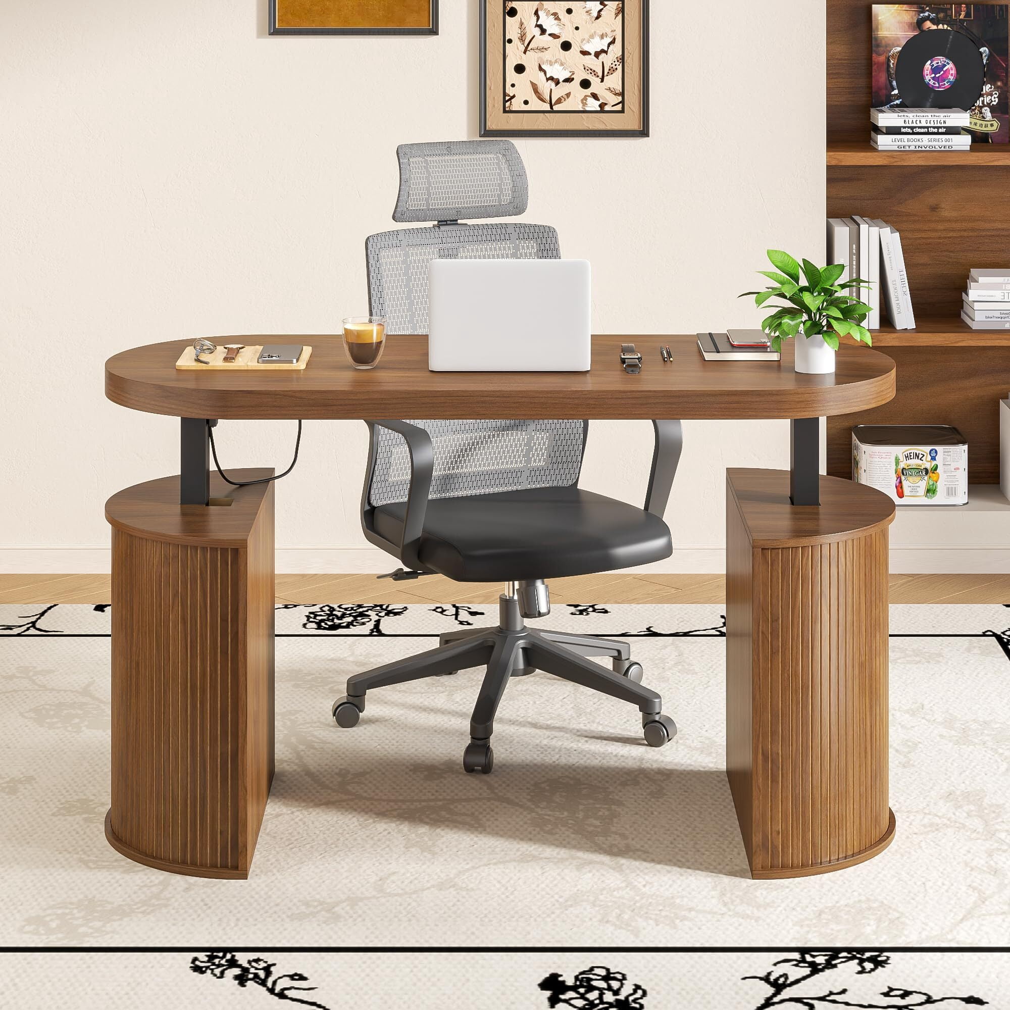 Mid Century Modern Electric Standing Desk with Storage, 55x22 Small Sit Stand Adjustable Height Computer Desk for Home Office