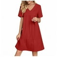 thumbnail image 2 of Plus Size Dresses, Women Summer V-Neck Solid Color Casual High Waisted Short Sleeve Dress(Red,XXL), 2 of 8