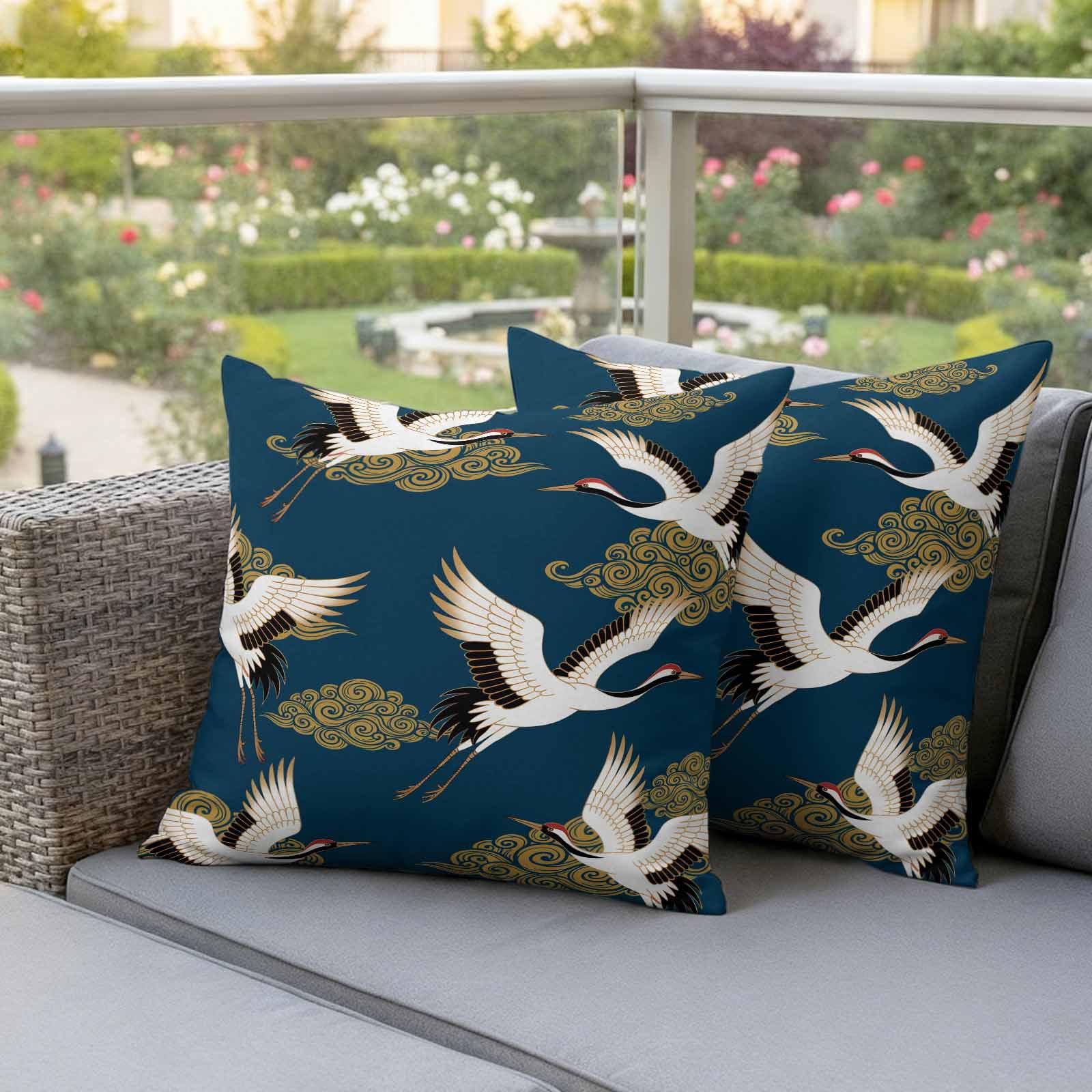 White Crane Outdoor Waterproof Throw Pillow Covers 18x18 Set of 2, Vintage Chinese Cloud Art Blue Gold Decorative Pillowcases Cushion Pillowcase for Couch Sofa Patio Outside Pillow Protector