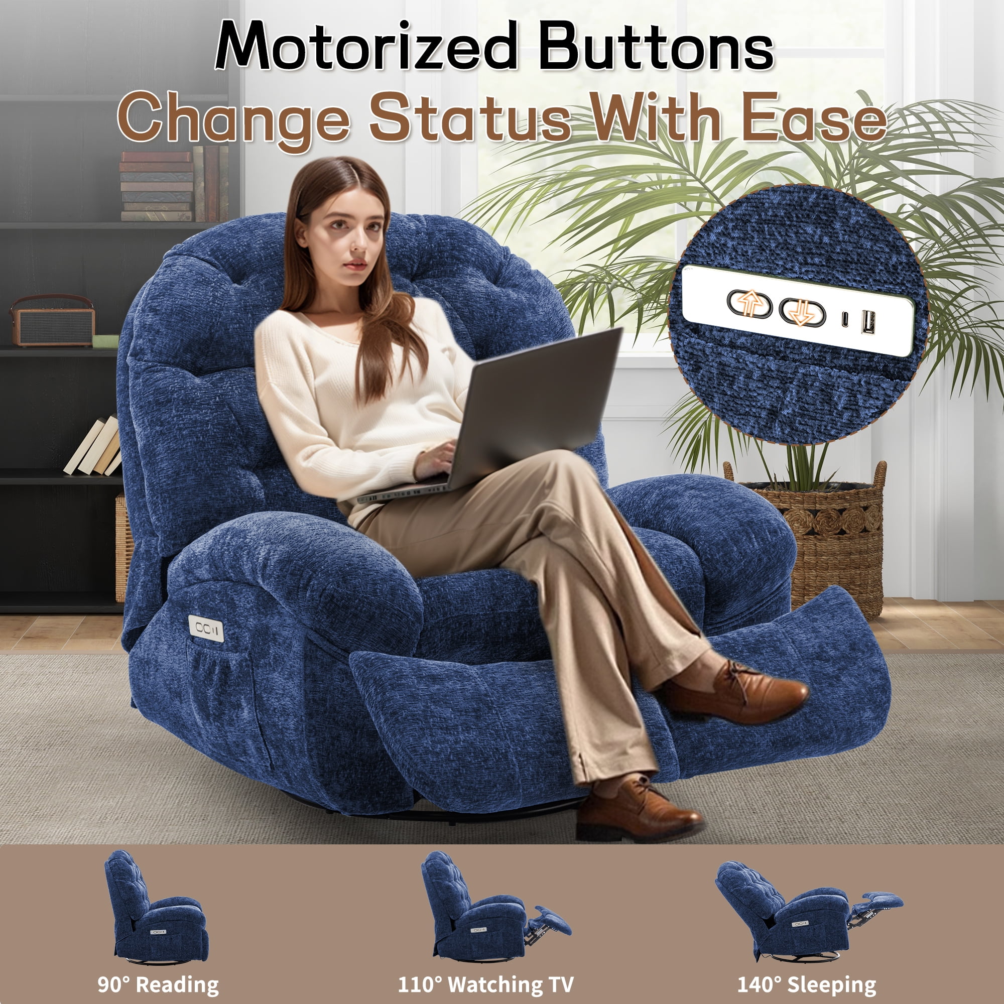 Korser Power Swivel Rocker Recliner Chair with USB Ports Chenille for Living Room,Blue
