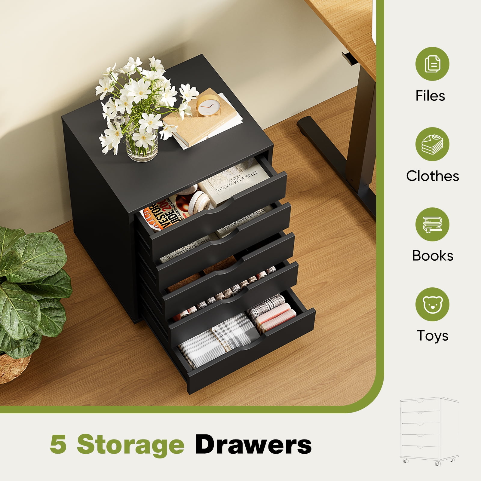 CONCETTA 5 Drawer Storage Cabinet with Wheels for Bedroom, Home, Office Organization, Black
