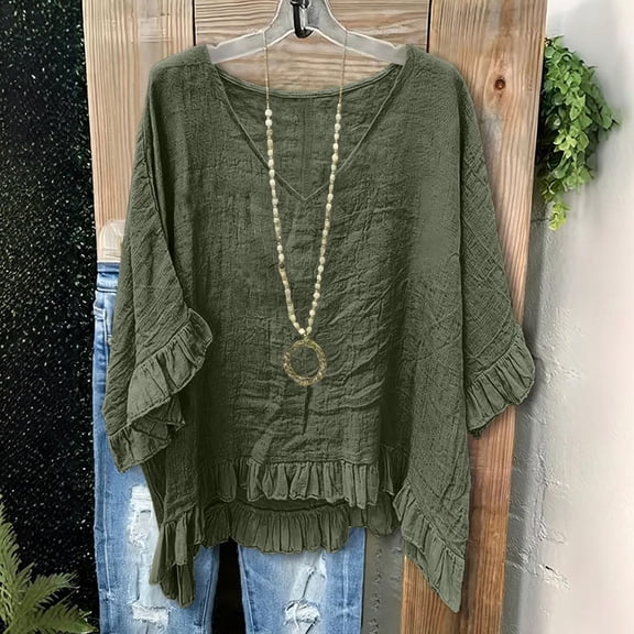 Xdegoge Blouses for Women V Neck Three Quarter Sleeve Casual Boho Wear Loose Boxy Fit Solid Ruffle Hem Detail Lightweight Flowy Summer Spring Tops