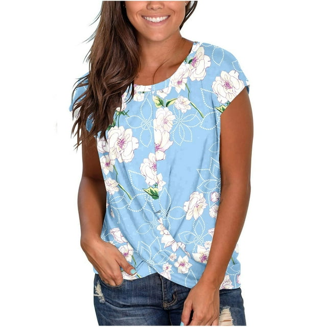Pompotops T-Shirts à Manches Courtes Col Rond pour Femmes avec Imprimé Floral et Fente Poitrine, T-Shirt Graphique Imprimé Mode Été