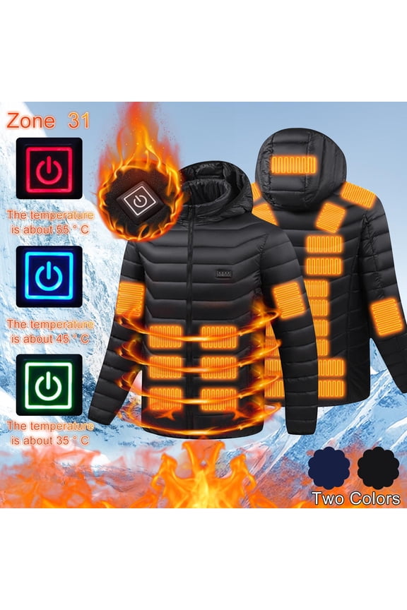 Mens Heated Hooded Jackets Lightweight USB Rechargeable Puffer Coats 31 Heating Zones Winter Warm Down Jacket Outwear,Black,XXXXL