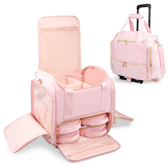 Rolling Makeup Case with 4 Removable Pouches, Extra Large Travel Cosmetic Bag with Wheels for Makeup Brushes Organizer Storage, Professional Makeup Train Case with Detachable Trolley (Pink)