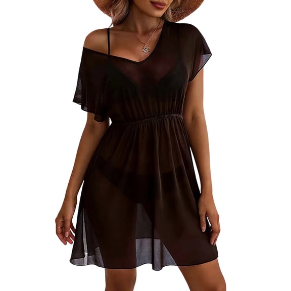 Beach Cover Up Dress for Women Lightweight Sheer Mesh Short Sleeve V Neck Mini Dresses Bikini Swimwear Coverups (XL, Brown)