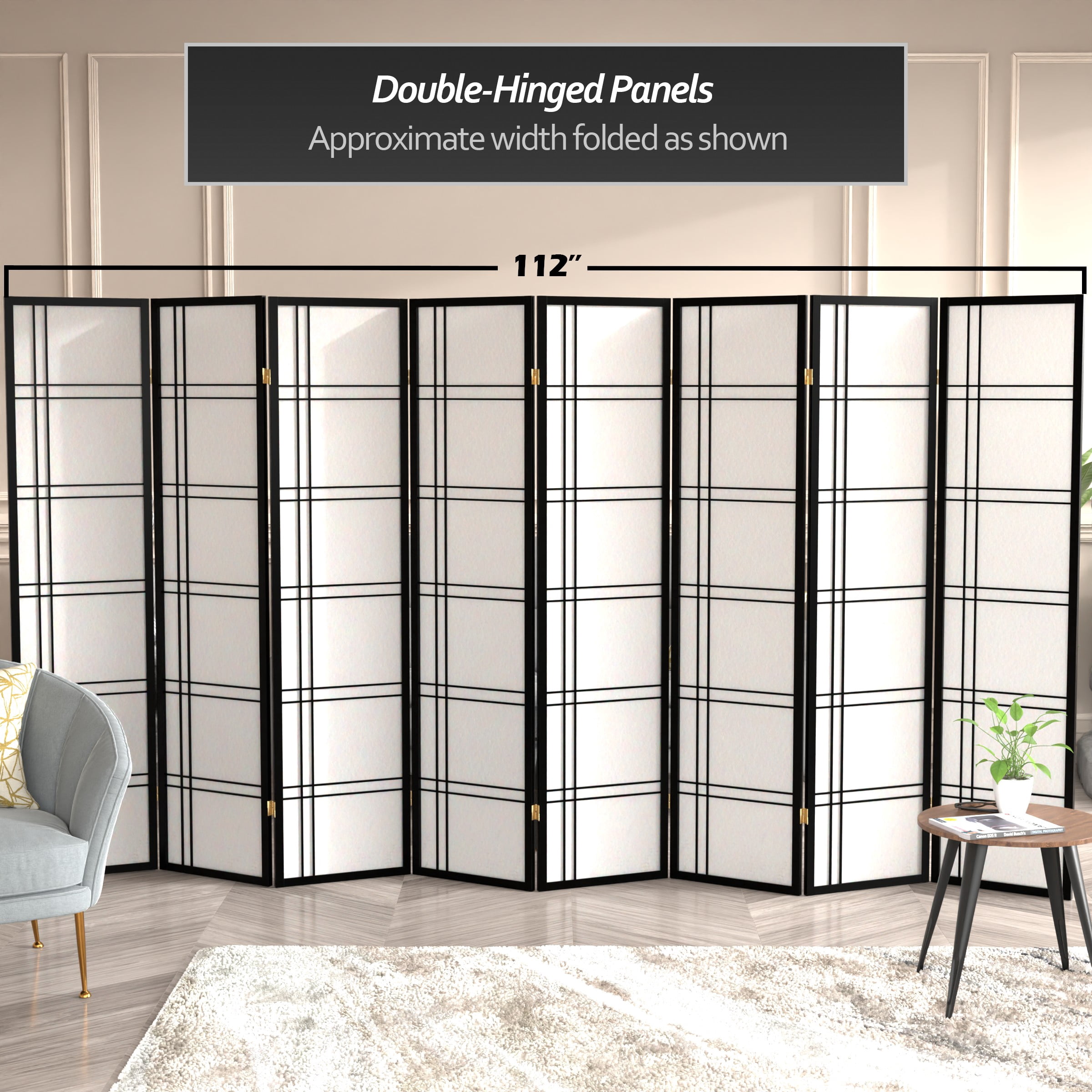 6 ft. Tall Double Cross Shoji Screen - Black - 8 Panels
