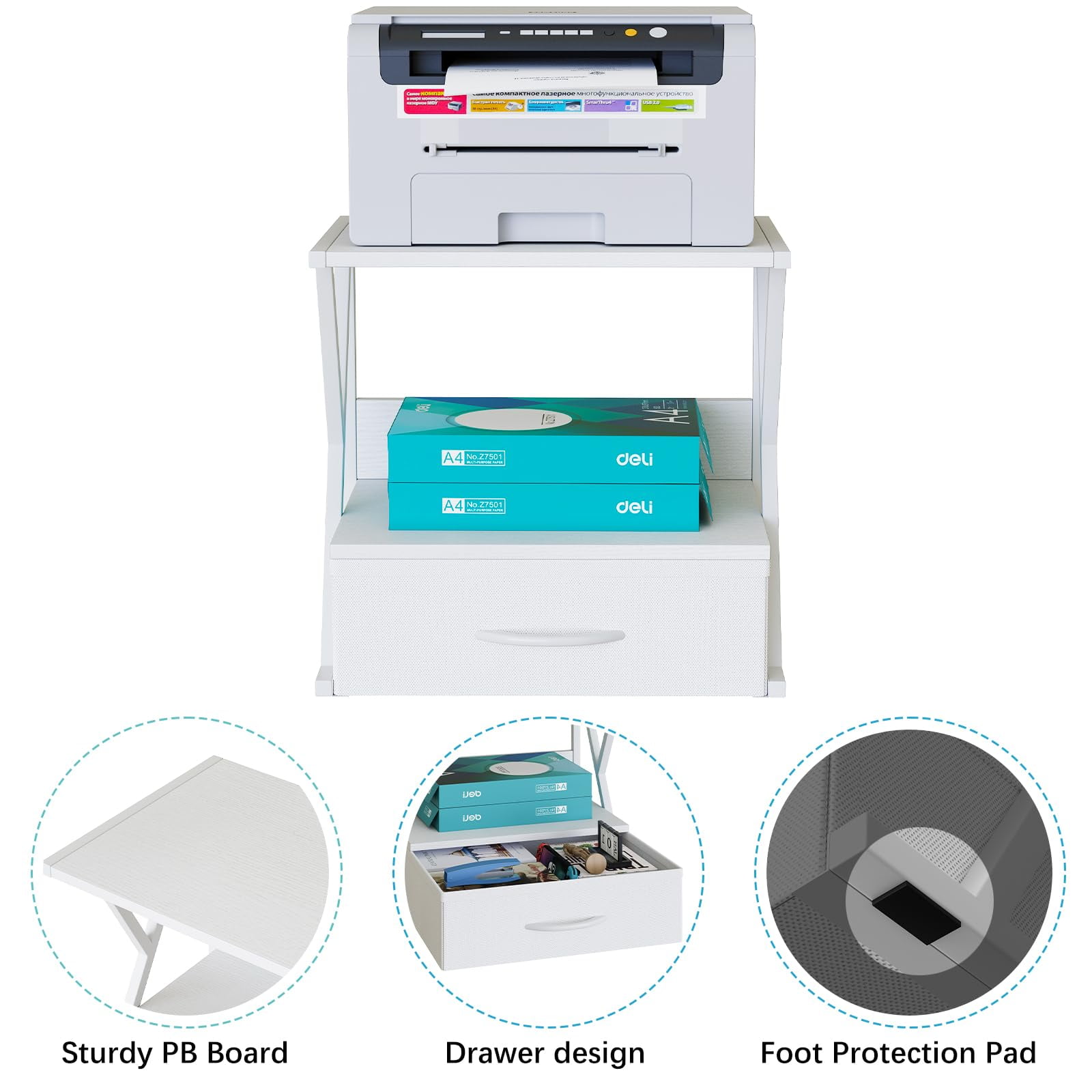 Printer Stand for Desk with Storage Drawer, 2 Tier Desktop Or Under Desk Shelf, Multi-Purpose Desk Organizer for Home Office, fit Fax Machine/3D Printer/Scanner, White