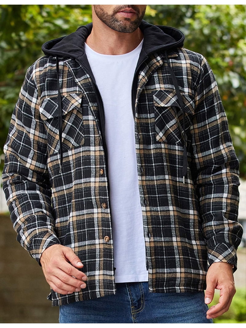 COOFANDY Men's Flannel Shirt Jacket Warm Quilted Lined Hooded Long