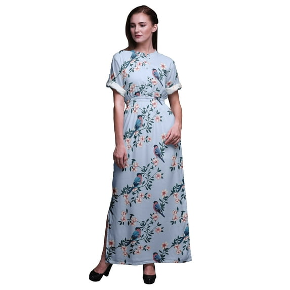 Bimba Rayon Peach Floral & American Robin Bird Printed Gown Kimono Sleeves Summer Long Maxi Slit Dress-XXX-Large