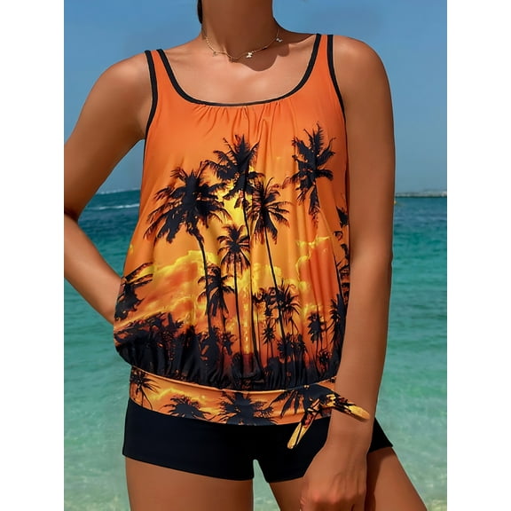 generic Tankini Swimsuits Two Piece Bathing Suits Fashion Print Swimwear Swim Tank Top with Shorts Loose Summer Beachwear Orange L