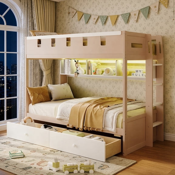 Twin Size Castle-Designed Kids's Bunk Bed with Built-in Ladder & LED Strip, Storage Wooden Bed Frame with 2 Drawers & Shelves