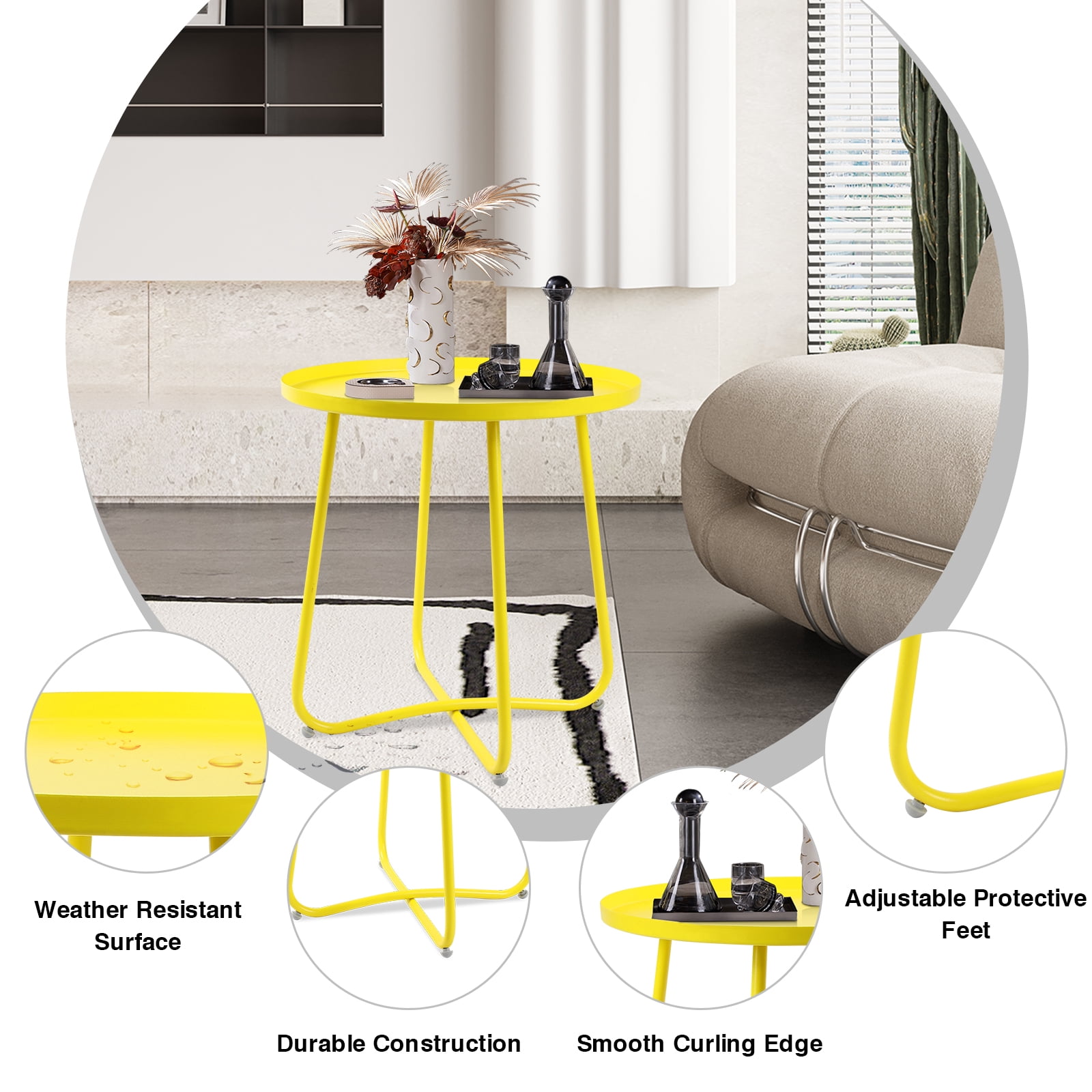 Ztysn Round Metal Side Table,Rust Resistant 17.7'' Outdoor End Table with Adjustable Footpads,X-Shaped Patio Plant Stand for Balcony Garden Living Room,Yellow
