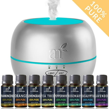 Ultrasonic Silver Oil Diffuser + 8 Pure Essential Oils (10mL) Aromatherapy