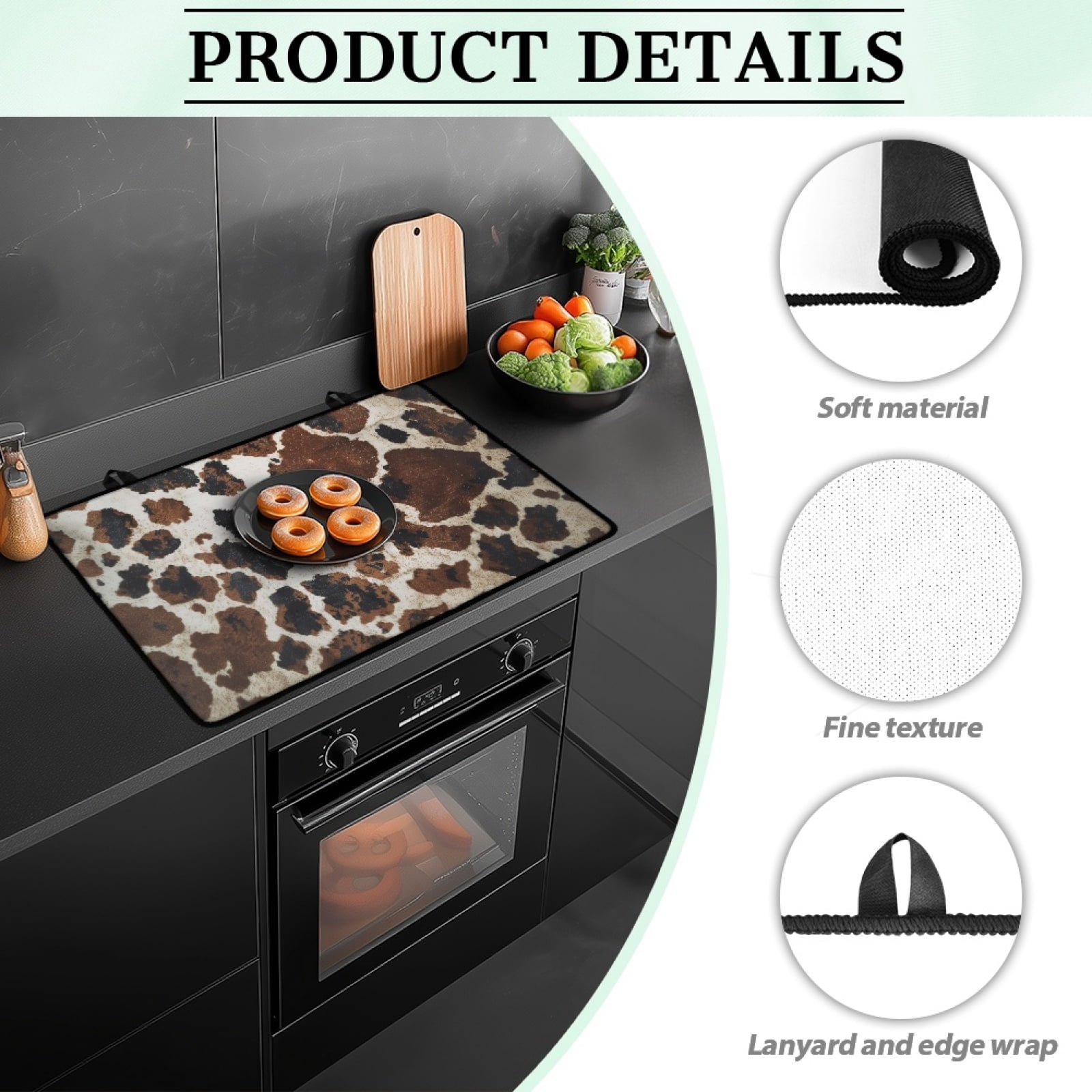 Renewold Glass Top Stove Cover Electric Stove Mat Foldable Non-slip Cooktop Mat Multipurpose Washer Dryer Top Protector Range Cover for Kitchen Counter, Brown Black Cow Print