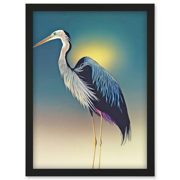 Heron Sunrise Bird Illustration Artwork Framed Wall Art Print A4