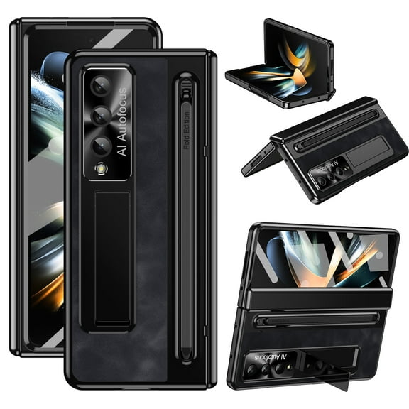 for Samsung Galaxy Z Fold 4 Case, with Hinge Protection, with S Pen Holder & S Pen PU Leahter Hard PC with Front Screen Protector Full Body Shockproof Case for Samsung Galaxy Z Fold 4 5G, Black