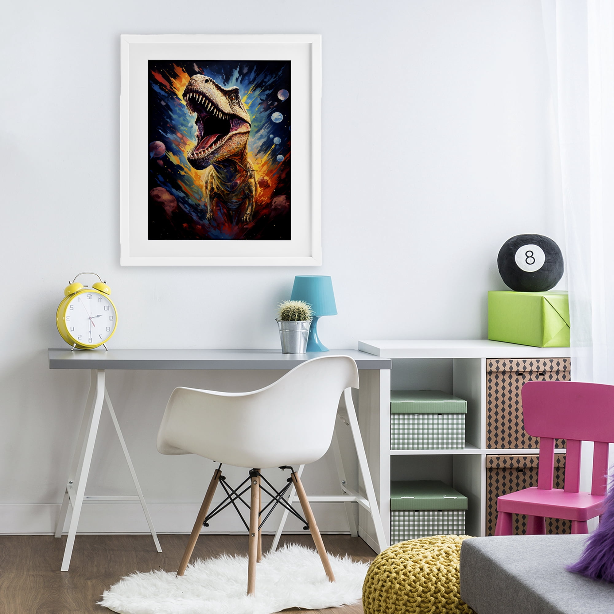 Stupell Industries Dinosaur with Planets White Framed Print Under Glass, design by Creative Studio