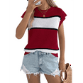thumbnail image 2 of Women'S Summer Casual Loose Knit Sweater Color Block Stripe Round Neck Short Sleeve Vacation Top Wine Red S, 2 of 6