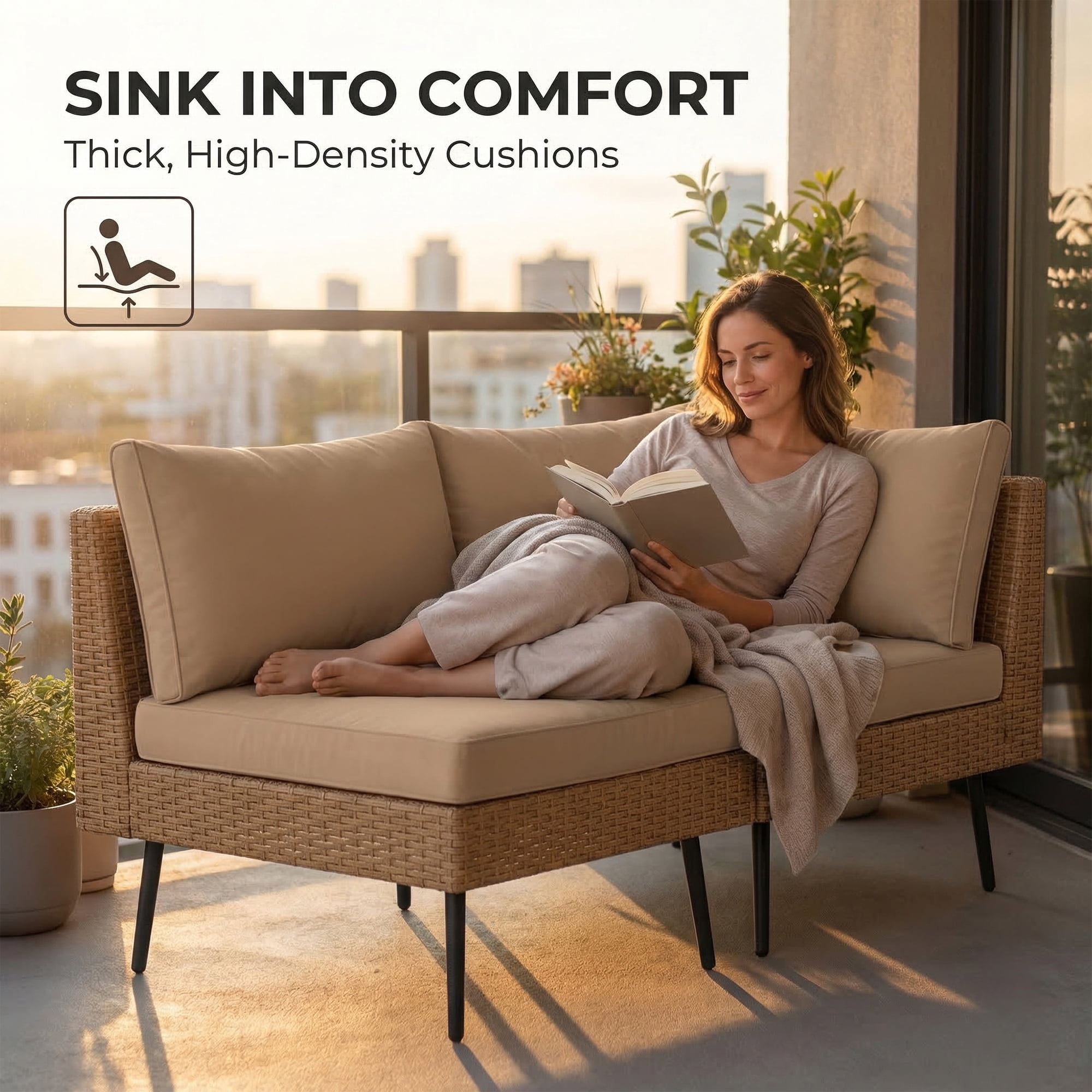 LAZZO 5-Piece Outdoor Wicker Conversation Set, All-Weather Sectional Sofa with 4 Chairs & 1 Ottoman, Khaki Cushions