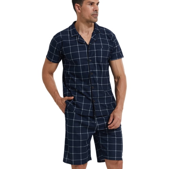 LANBAOSI Mens Pajamas Set Short Sleeve Button Down Shirts and Plaid PJ Shorts 2pc Soft Lounge Sleepwear Set(Navy Plaid,L)