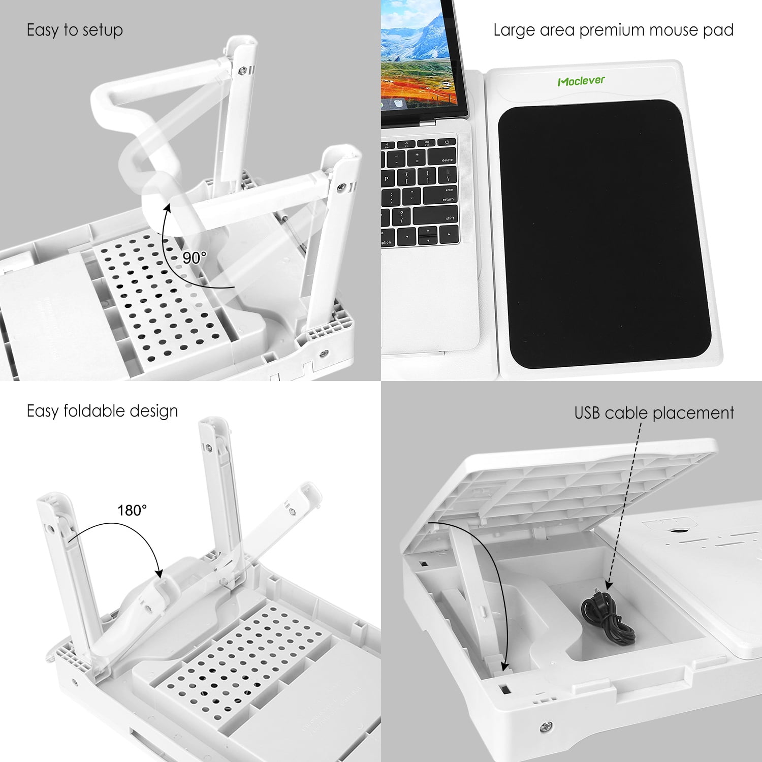 Moclever Laptop Desk, Foldable Notebook Stand Table with Internal Cooling Fan, LED Lamp, 4 Port USB - White