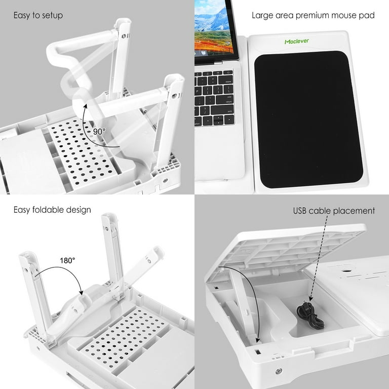 iMountek Laptop Desk Foldable Notebook Stand Table with Internal Cooling Fan LED Lamp 4 Port USB White