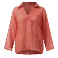 thumbnail image 3 of Womens V Neck Shirts Linen Cotton Long Sleeve Blouse Tunic Tops Cover Up Shirt Loose Beach Bikini Dress Orange 4XL, 3 of 9