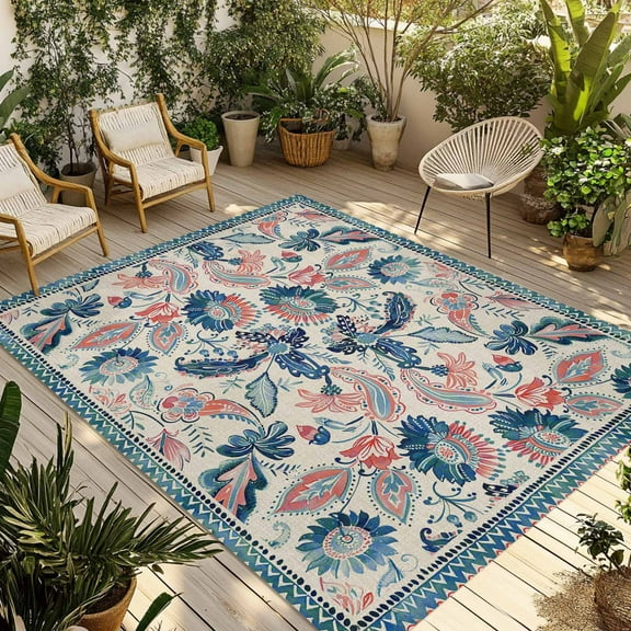 Fsddascl Teal Blue Red Ethnic Outdoor Rug for Patio/Deck, Non-Slip Large Area Rug 6 x 9 Ft, Boho Modern Geometric Abstract Art Indoor Outdoor Rugs Washable Area Rugs, Reversible Camping Rug Carpet