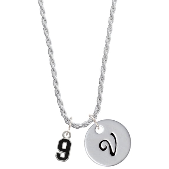 Delight Jewelry Silvertone Black Number - 9 Silvertone Script Initial Disc - V - Charm Necklace, 20"+3"