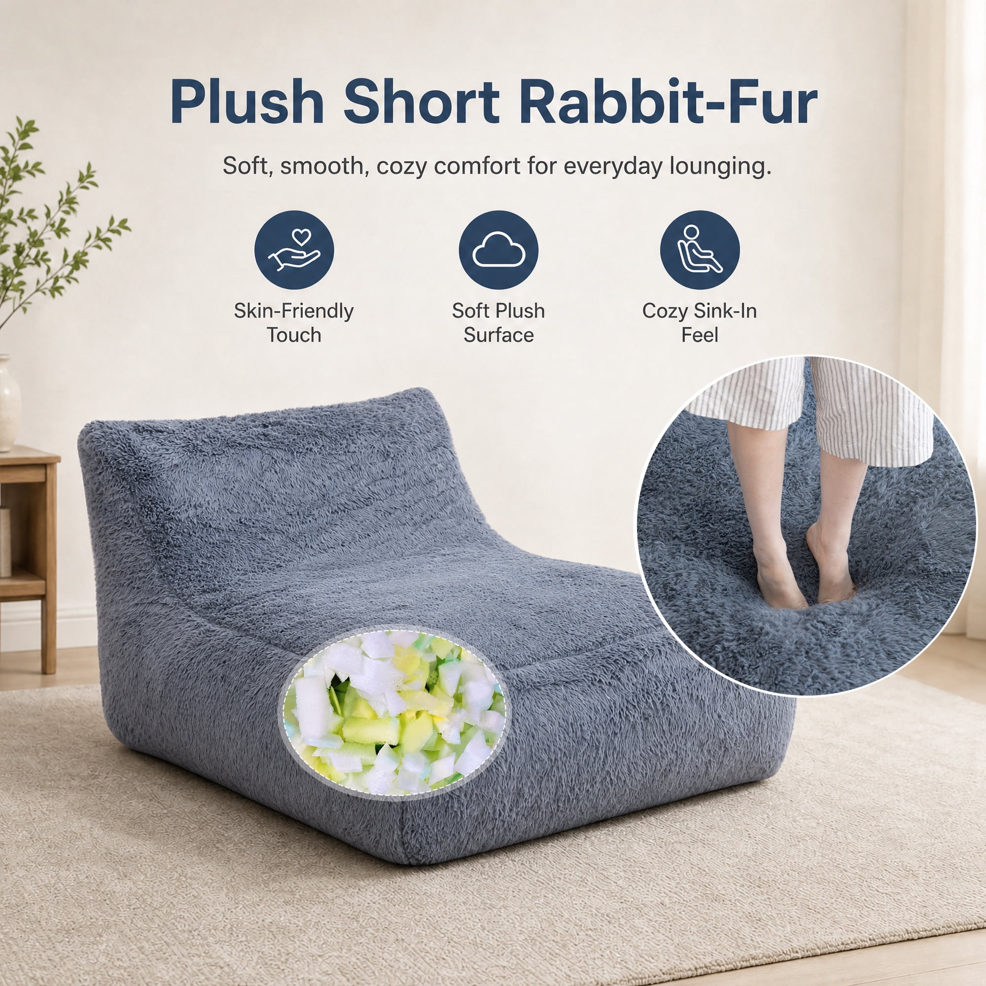 Alvantor Convertible Plush Sofa Bed with Ottoman and Pillow, Oversized Shaggy Faux Fur Floor Sofa, Foam Filled Armless Sleeper for Living Room, Bedroom, Dorm