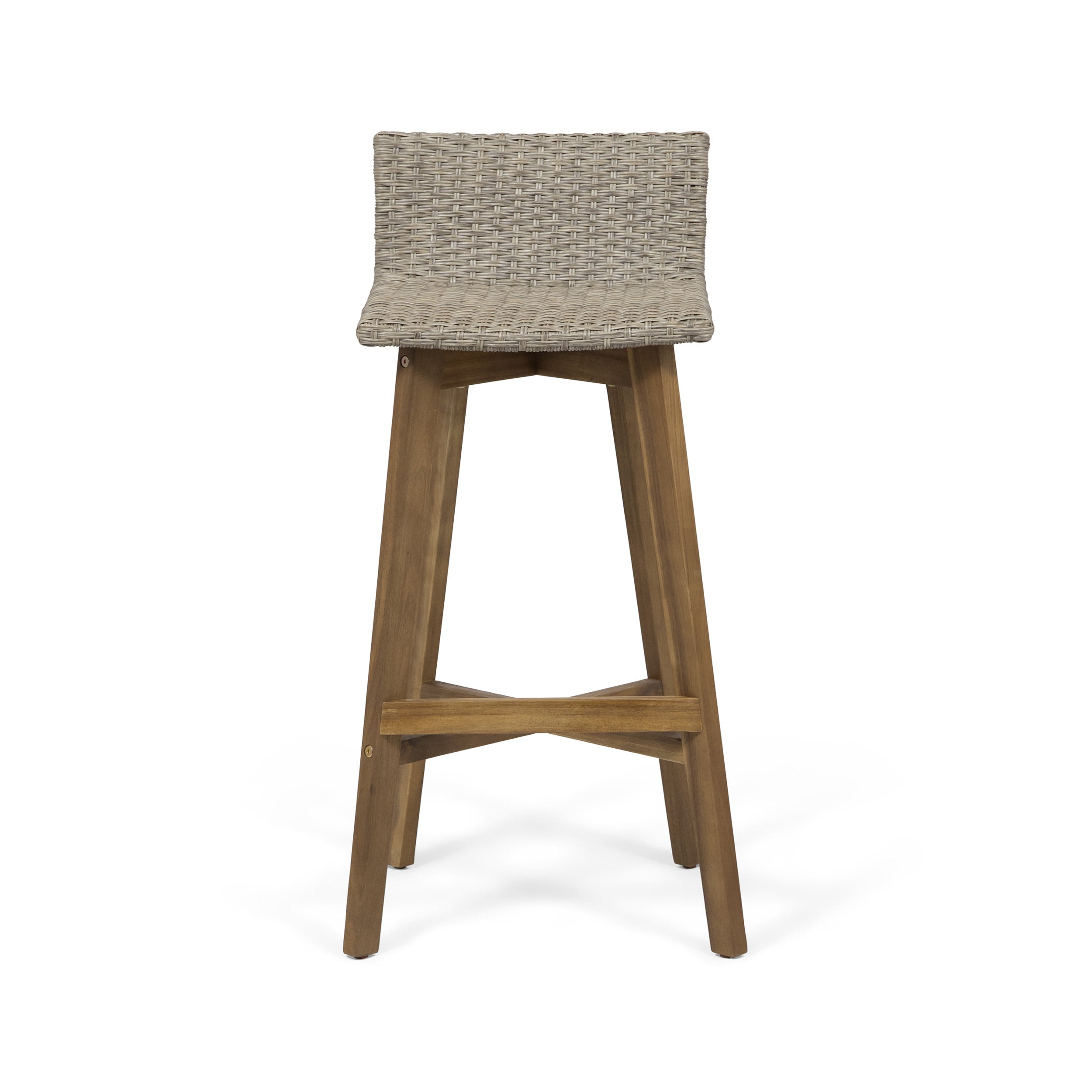 Pico Brea Outdoor Acacia Wood & Wicker Barstools, Set of 2, Light Brown and Teak