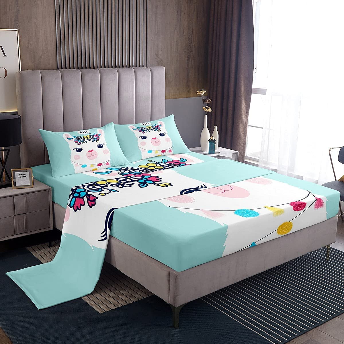Girls Cute Llama Bed Sheet Set Twin Size Cartoon Llama Alpaca Bed Sheets Lovely Animal Theme Bedding Set for Daughter Baby Girl Bedroom Decor Colorful