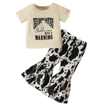 

Ma&Baby Kids Toddler Baby Girls Summer Outfits Cow Head Print Short Sleeve T-shirt and Cow Pattern Flare Pants Set