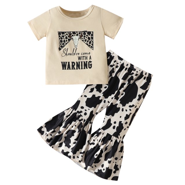 TheFound Kids Girls Summer Outfits Cow Head Print Short Sleeve T-shirt and Cow Pattern Flare Pants Set