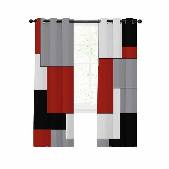 Red Grey Black Geometric Blackout Curtains 45 Inches Long for Bedroom,Middle Century Modern Art Abstract Thermal Insulated Room Darkening Black Out Curtain Panels Grommet Drapes for Living Room