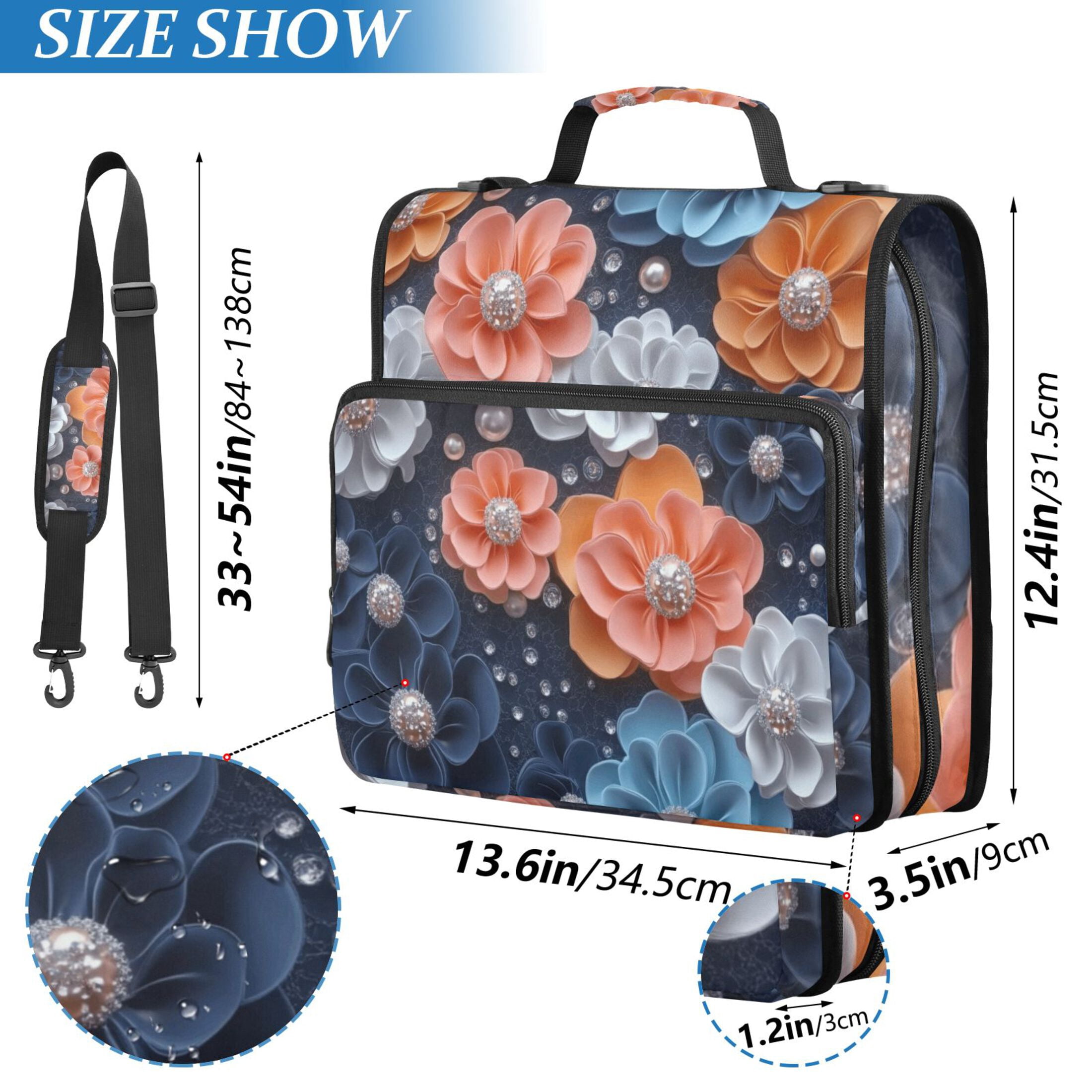 3 Ring Zipper Binder with Shoulder Strap Waterproof Trapper Keeper 2 Inch D-Ring 500 Sheets Capacity Colorful Flower and Pearls