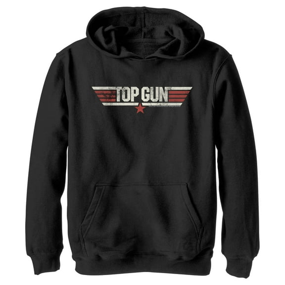 Boy's Top Gun Logo Distressed  Pull Over Hoodie Black Small