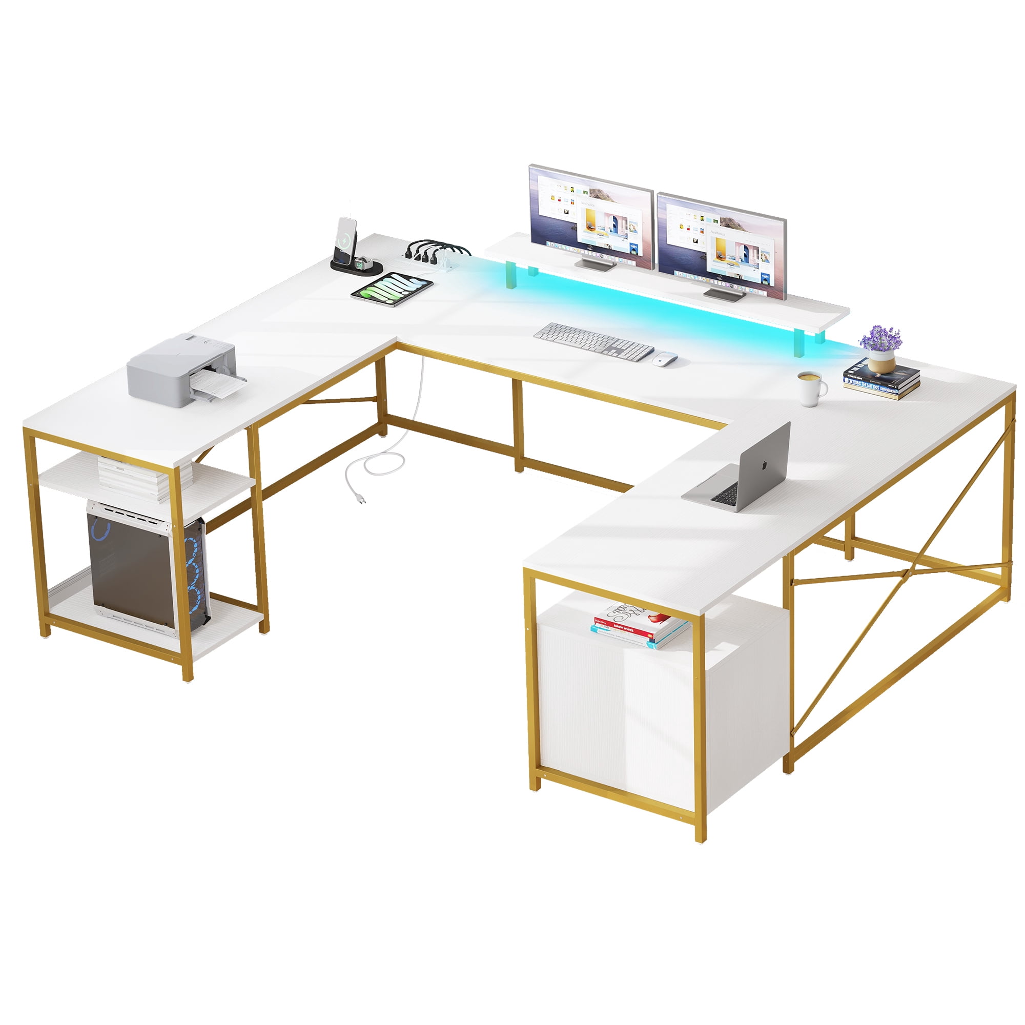 Dextrus L Shaped Desk with Power Outlets & LED Lights, Reversible Computer Desk with Drawers & Storage Shelves, Large U Shaped Desk,White