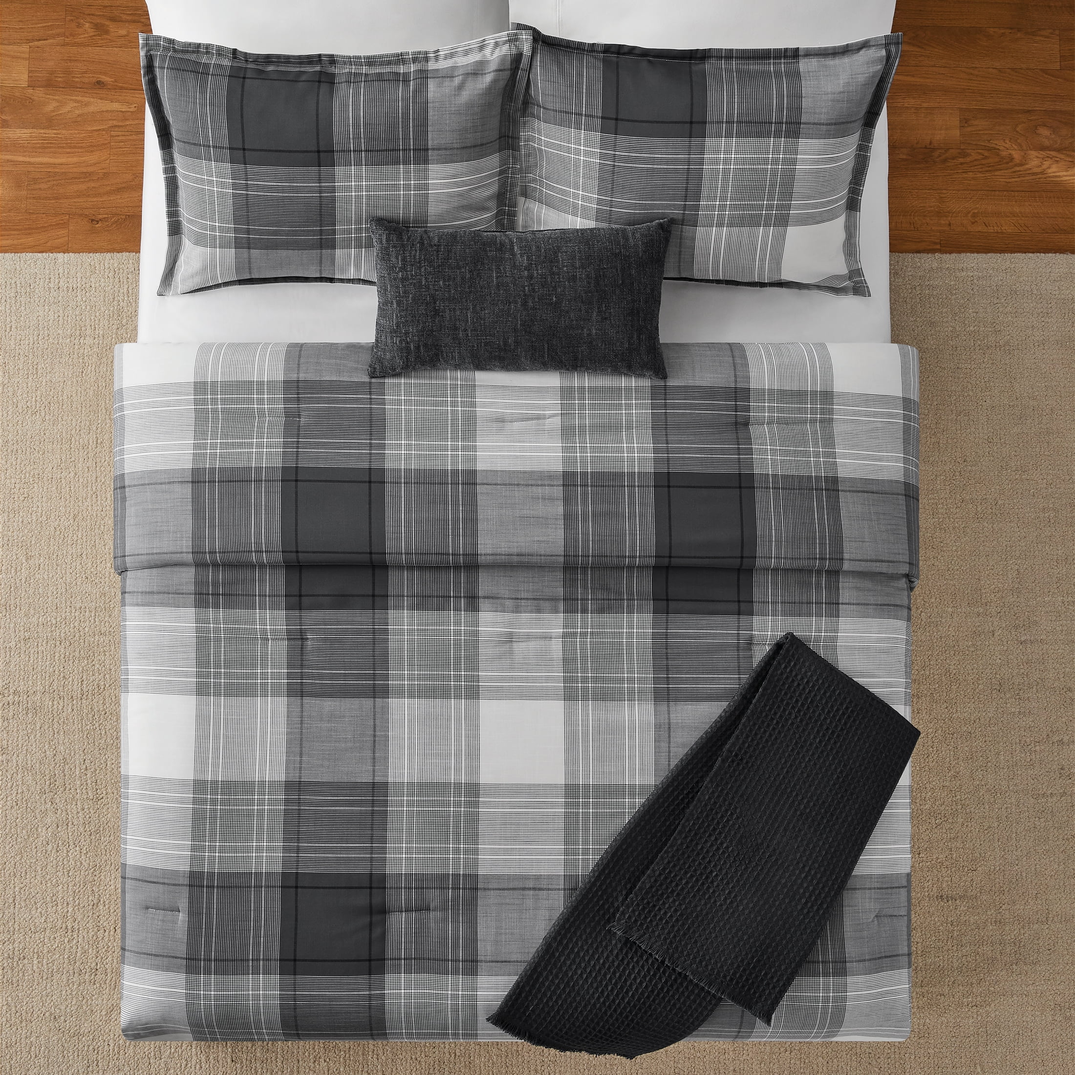 Mainstays King Comforter Set, All-Season, 5-Piece, Grey Plaid