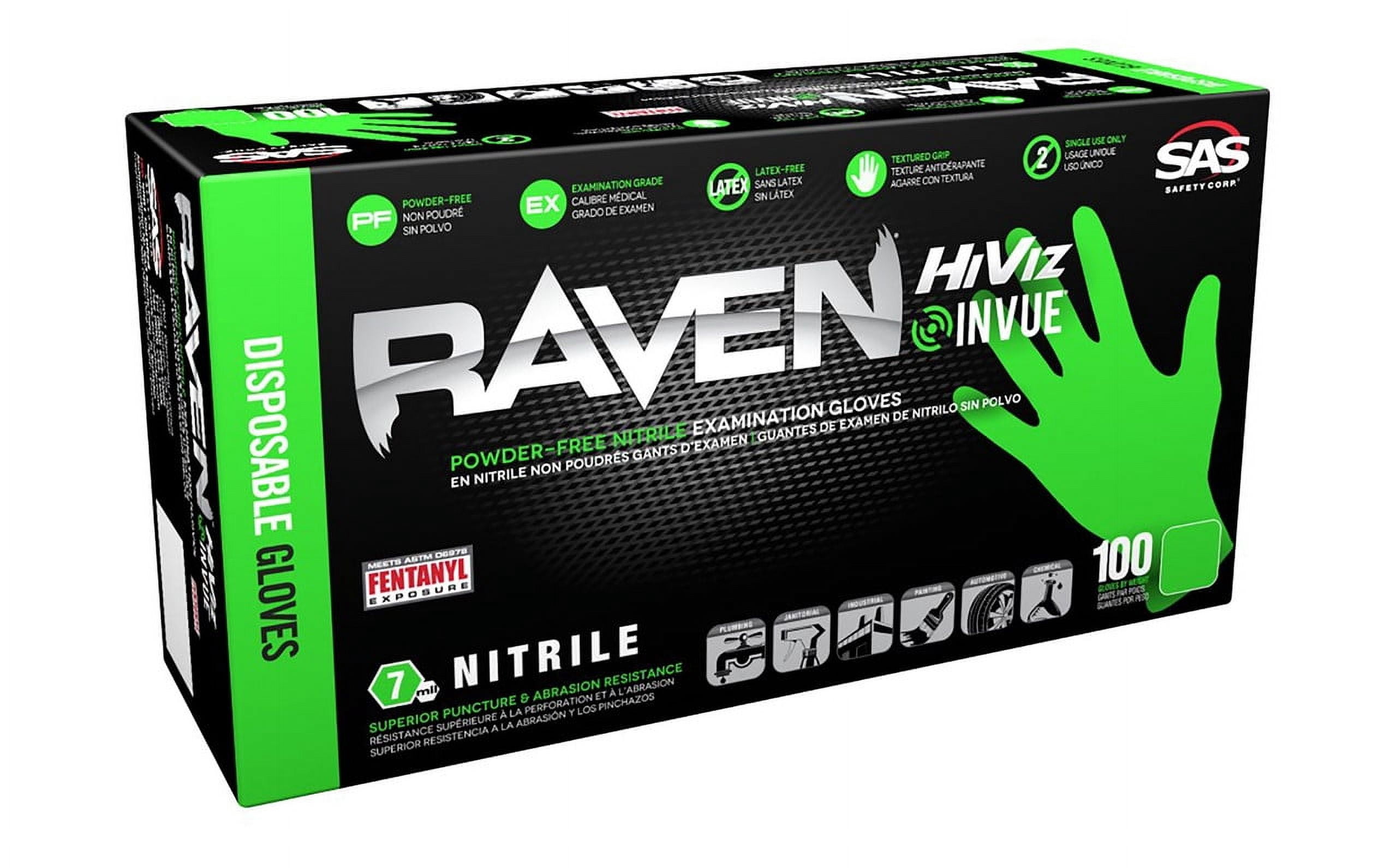 Raven 66552 Nitrile Exam Gloves, 7 mil, Powder-Free, Hi-Viz InVue, Extra Strength, Size L, 100 Gloves/Box, 10 boxes/case