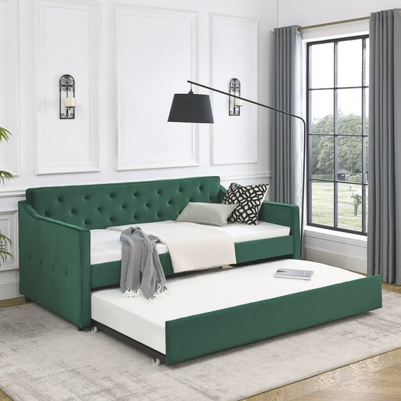 Kumix Twin Size Daybed with Trundle, Upholstered Tufted Sofa Bed with Waved Shape Arms for Teens Adults Guest, Upholstered Tufted Daybed Frame for Bedroom, Noise-Free, Easy Assembly, Green