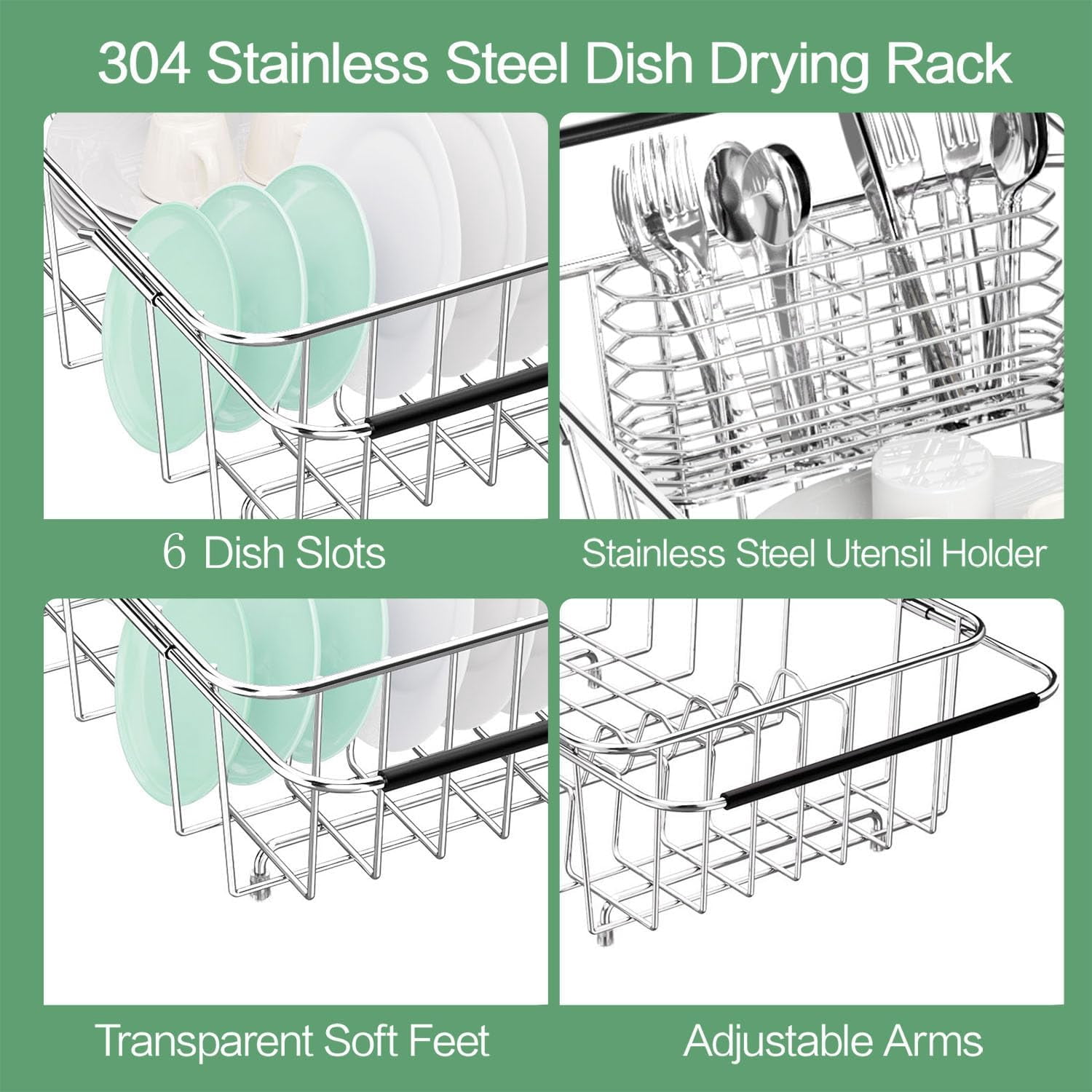 Small Dish Drainer Rack in Sink Adjustable, Expandable Stainless Steel Metal Dish Drying Rack Organizer with Stainless Steel Utensil Holder Over Inside Sink Counter, Rustproof(for 1-2 People)
